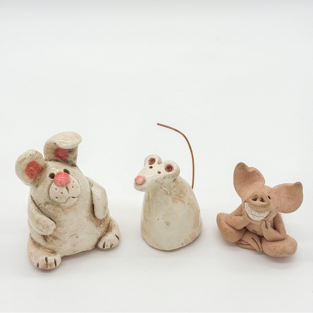Lot of 3 Miniature Pottery Animals Bunny Mouse Pig Figurines Whimsical Handmade